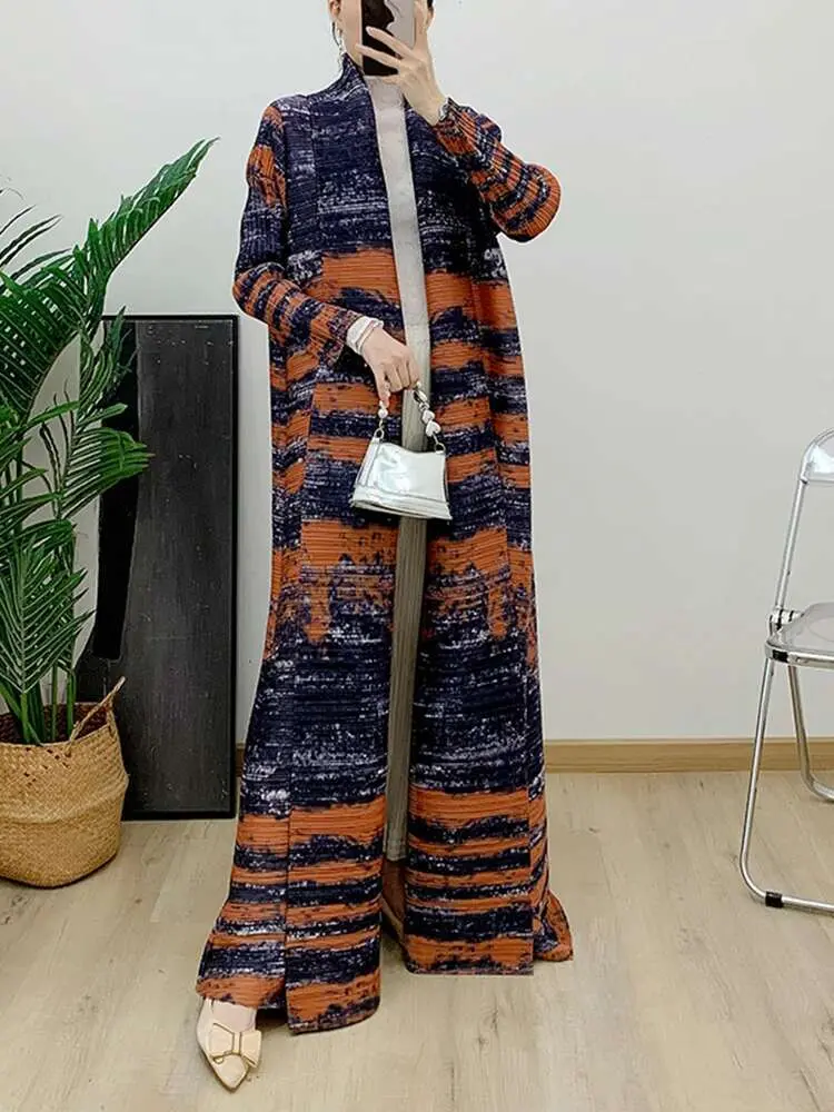 LANMREM 2025 Spring New Pleated Belt Coat Elegant Printed Long Sleeves Color Block Maxi Robe Female Trendy Clothing 2DA4681