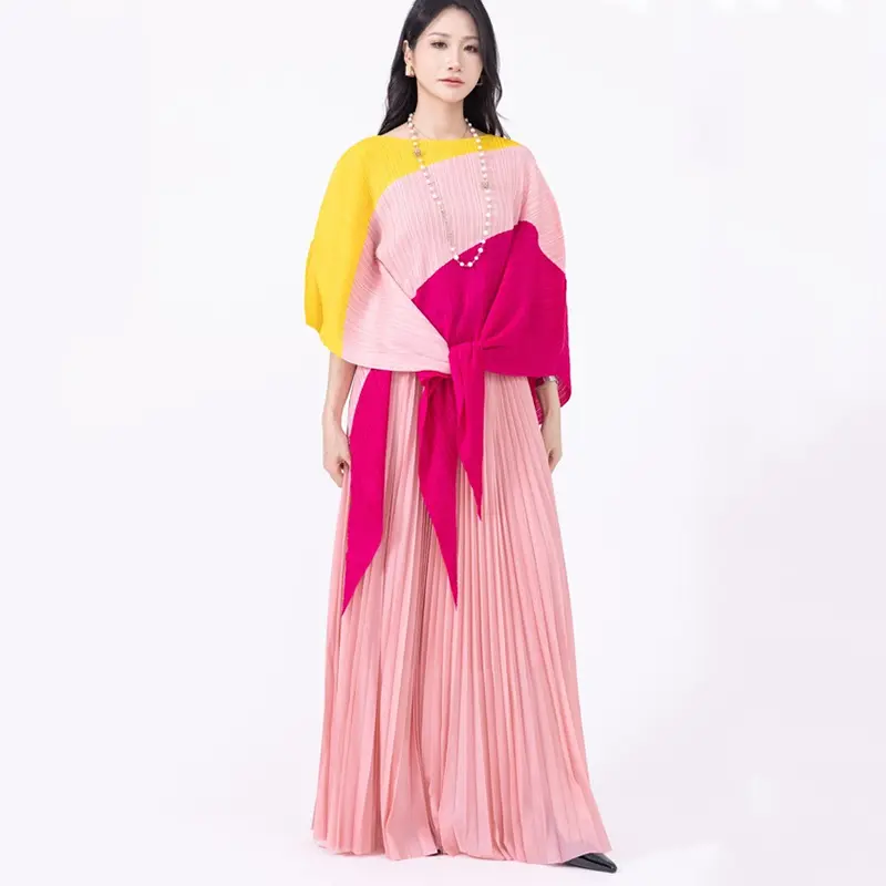 LANMREM Colorblock Patchwork Pleated Women's Two-piece Set Irregular Pullover Top And Elastic Waist Wide Leg Pants Chic 2DB4221