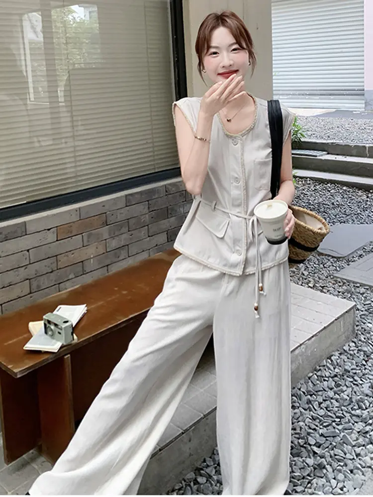 LANMREM 2025 Summer New Frayed Edge Vest With Wide Leg Long Pants Two-Piece Set Female Streetwear Casual Clothing 2DM1033