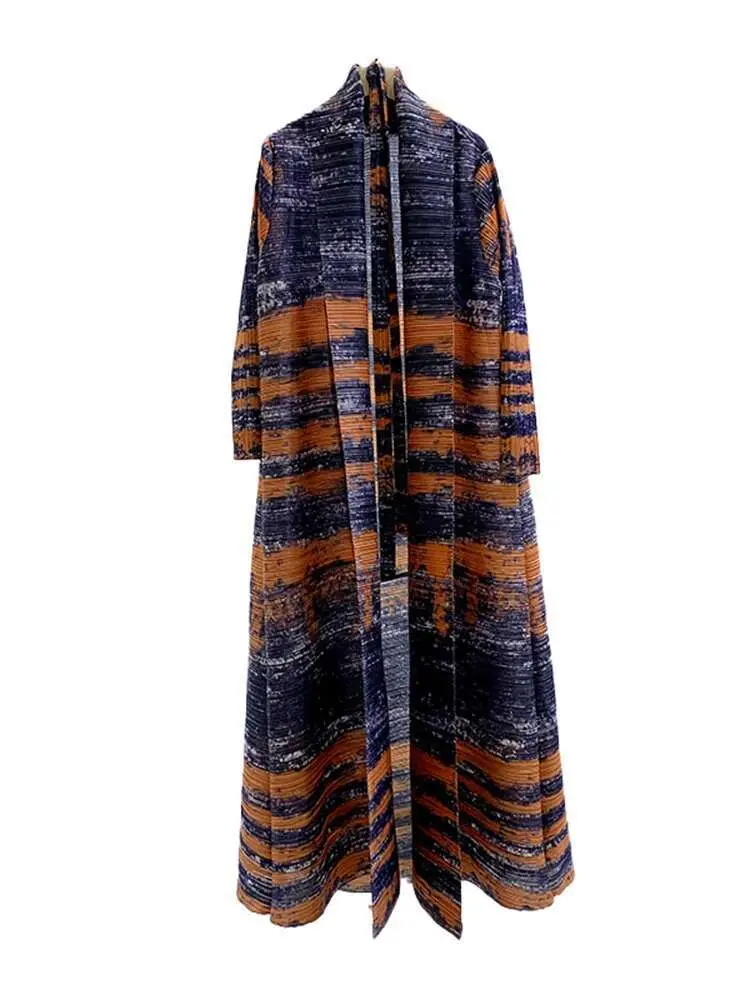 LANMREM 2025 Spring New Pleated Belt Coat Elegant Printed Long Sleeves Color Block Maxi Robe Female Trendy Clothing 2DA4681