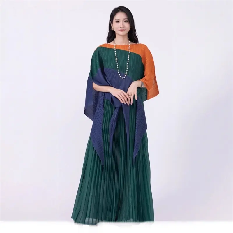 LANMREM Colorblock Patchwork Pleated Women's Two-piece Set Irregular Pullover Top And Elastic Waist Wide Leg Pants Chic 2DB4221