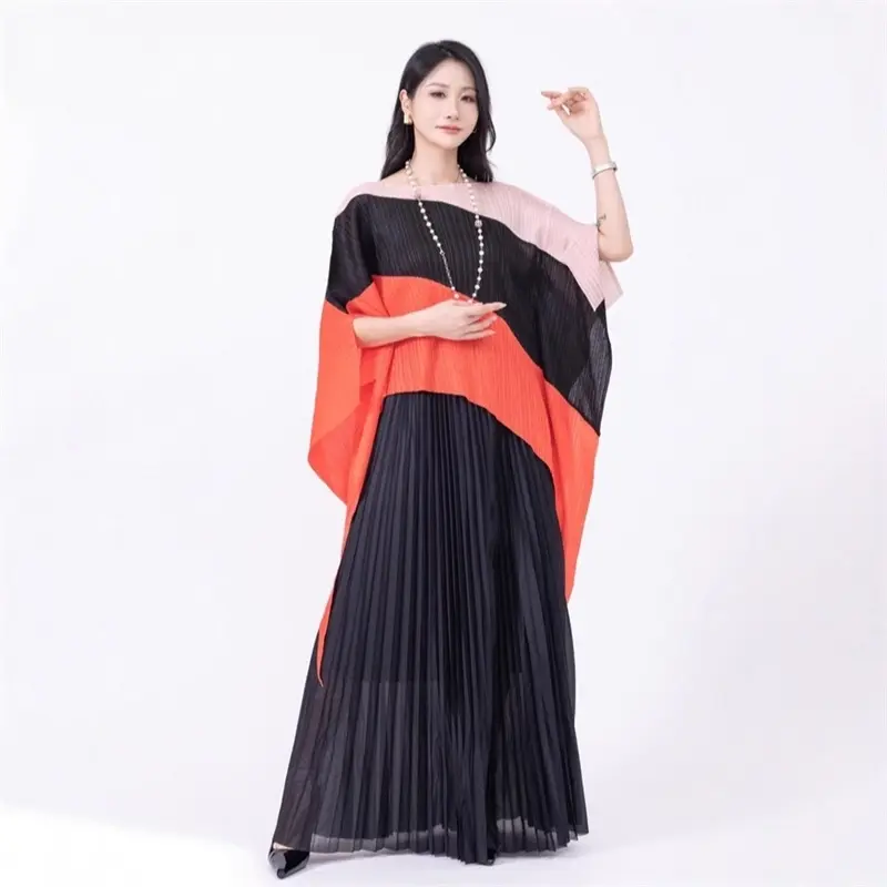 LANMREM Colorblock Patchwork Pleated Women's Two-piece Set Irregular Pullover Top And Elastic Waist Wide Leg Pants Chic 2DB4221