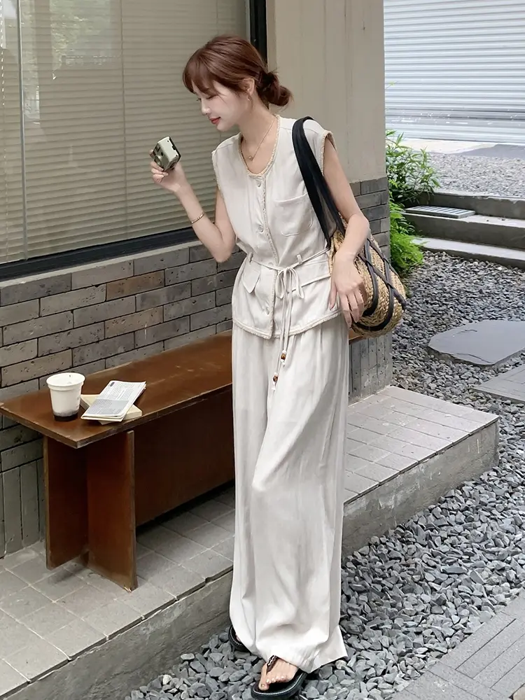 LANMREM 2025 Summer New Frayed Edge Vest With Wide Leg Long Pants Two-Piece Set Female Streetwear Casual Clothing 2DM1033