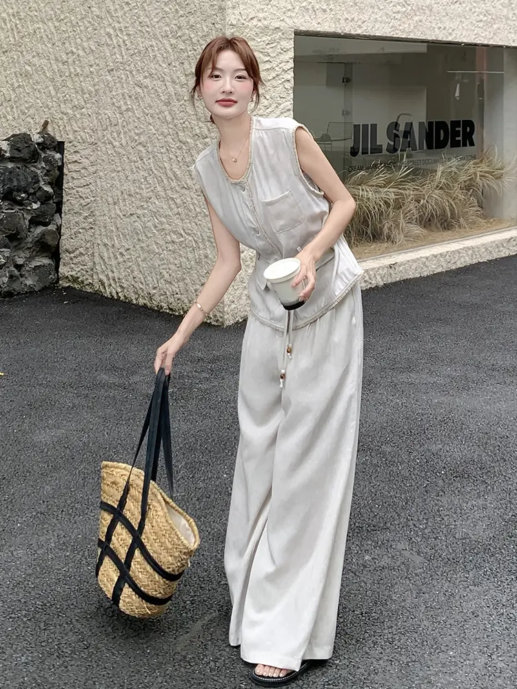 LANMREM 2025 Summer New Frayed Edge Vest With Wide Leg Long Pants Two-Piece Set Female Streetwear Casual Clothing 2DM1033