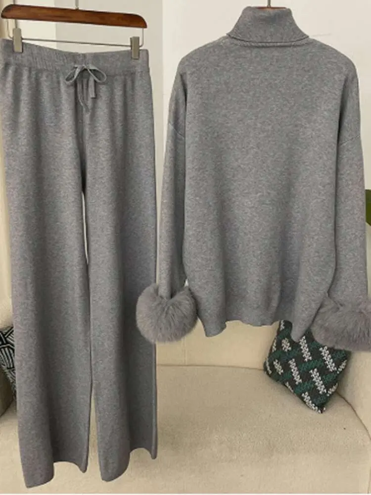 LANMREM 2 Pieces Sets For Women High Neck Loose Sweater With Fox Fur Cuffs Wide Leg Trousers 2025 Spring Winter New 2DB1757