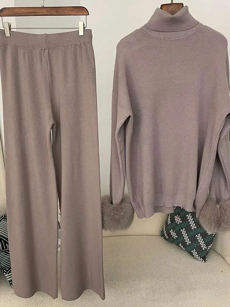 LANMREM 2 Pieces Sets For Women High Neck Loose Sweater With Fox Fur Cuffs Wide Leg Trousers 2025 Spring Winter New 2DB1757