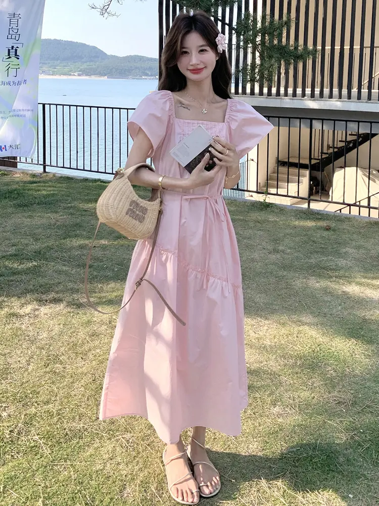 LANMREM Square Neck Puff Sleeve Pleated Stylish Dresses Gathered Waist Female Casual Clothing  2025 Summer New 2DM1038