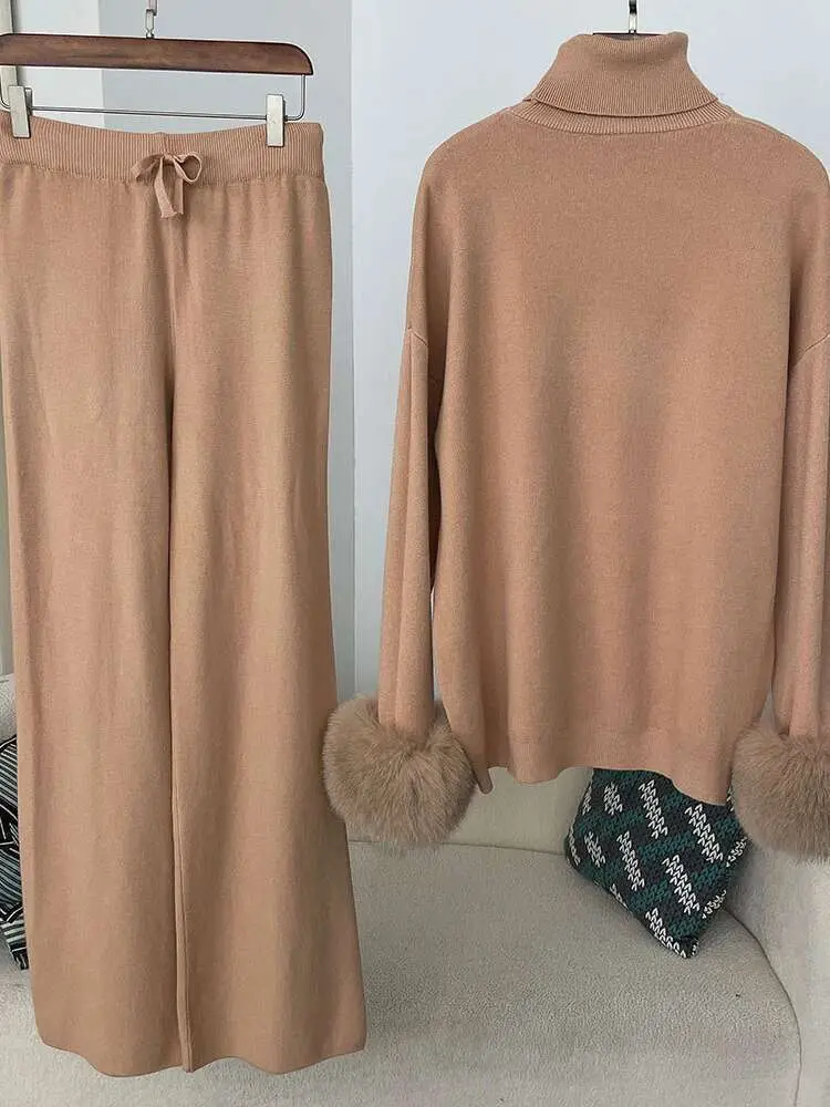 LANMREM 2 Pieces Sets For Women High Neck Loose Sweater With Fox Fur Cuffs Wide Leg Trousers 2025 Spring Winter New 2DB1757