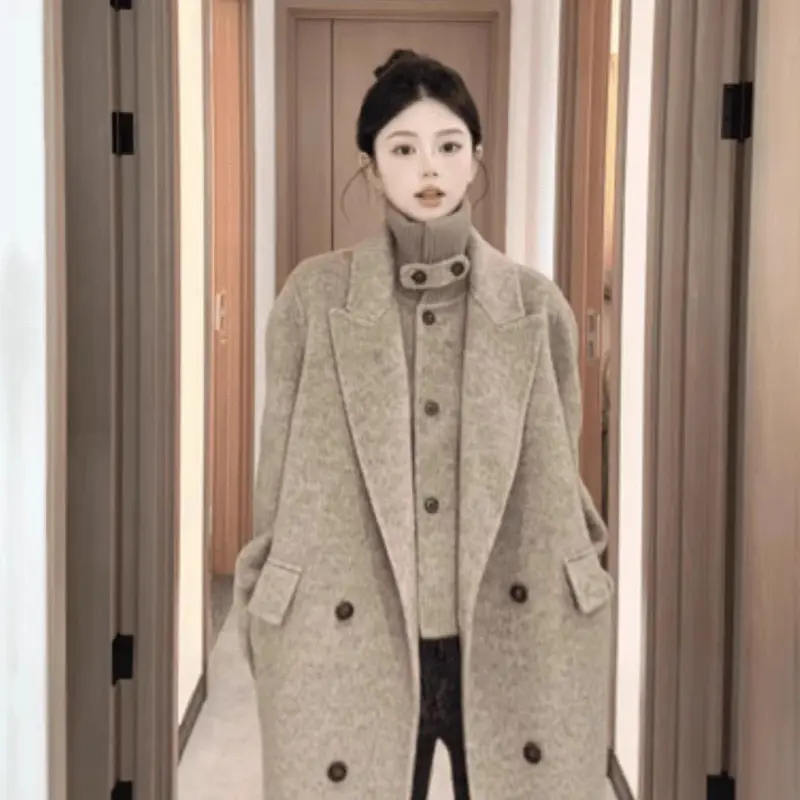 LANMREM 2025 New Double-Sided Wool Coat For Women Mid-Length Turtleneck Vest Two-Piece Set Versatile Woolen Clothing 2DB3961