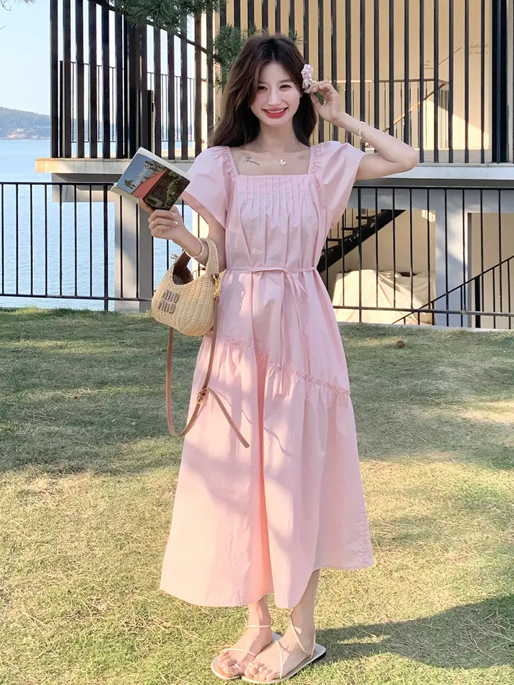 LANMREM Square Neck Puff Sleeve Pleated Stylish Dresses Gathered Waist Female Casual Clothing  2025 Summer New 2DM1038