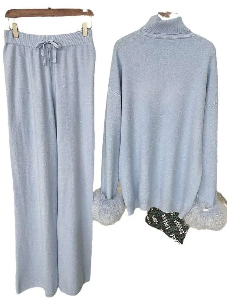 LANMREM 2 Pieces Sets For Women High Neck Loose Sweater With Fox Fur Cuffs Wide Leg Trousers 2025 Spring Winter New 2DB1757
