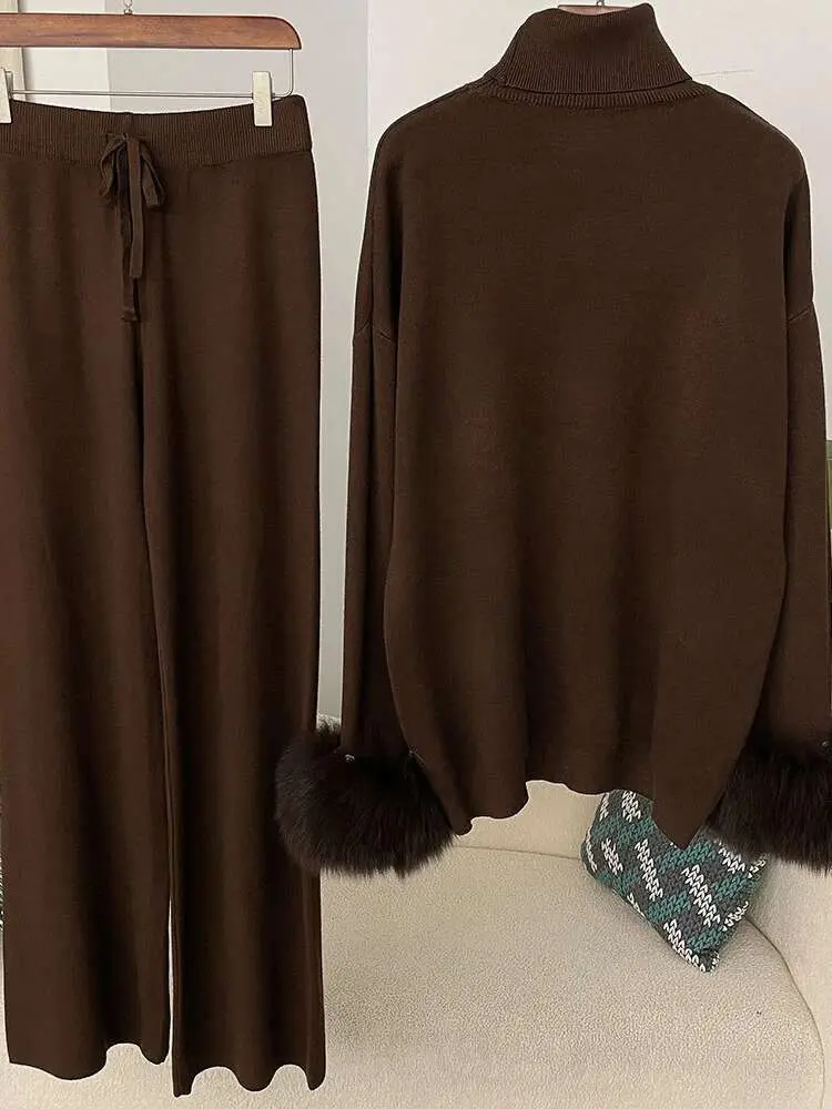 LANMREM 2 Pieces Sets For Women High Neck Loose Sweater With Fox Fur Cuffs Wide Leg Trousers 2025 Spring Winter New 2DB1757