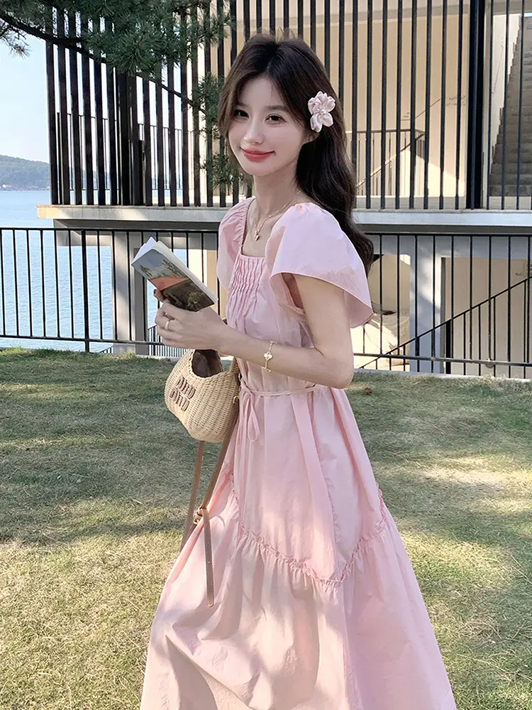 LANMREM Square Neck Puff Sleeve Pleated Stylish Dresses Gathered Waist Female Casual Clothing  2025 Summer New 2DM1038