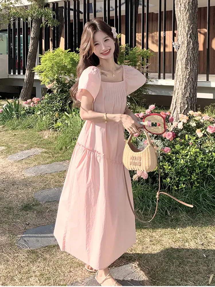 LANMREM Square Neck Puff Sleeve Pleated Stylish Dresses Gathered Waist Female Casual Clothing  2025 Summer New 2DM1038