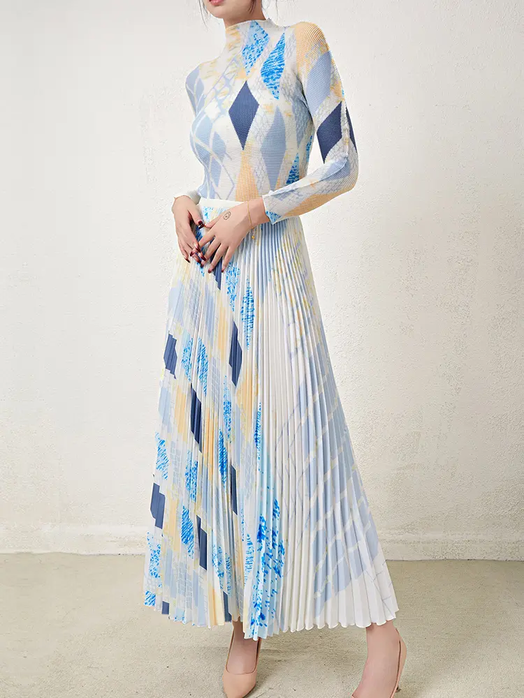 LANMREM High Quality Geometric Printting Pleated Women's Two Pieces Set Slim Pullover Long Sleeve Tops And A-line Skirt 2DB3050