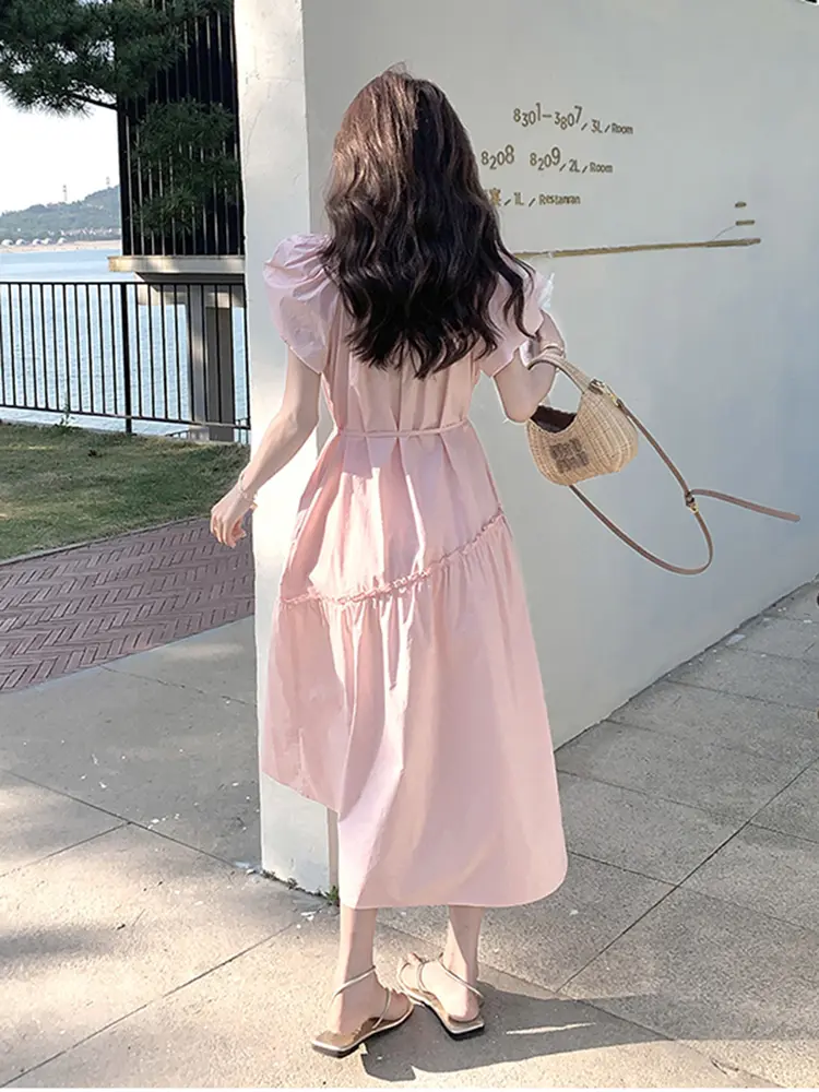LANMREM Square Neck Puff Sleeve Pleated Stylish Dresses Gathered Waist Female Casual Clothing  2025 Summer New 2DM1038