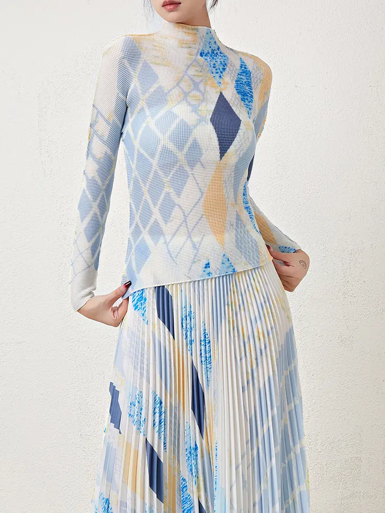 LANMREM High Quality Geometric Printting Pleated Women's Two Pieces Set Slim Pullover Long Sleeve Tops And A-line Skirt 2DB3050