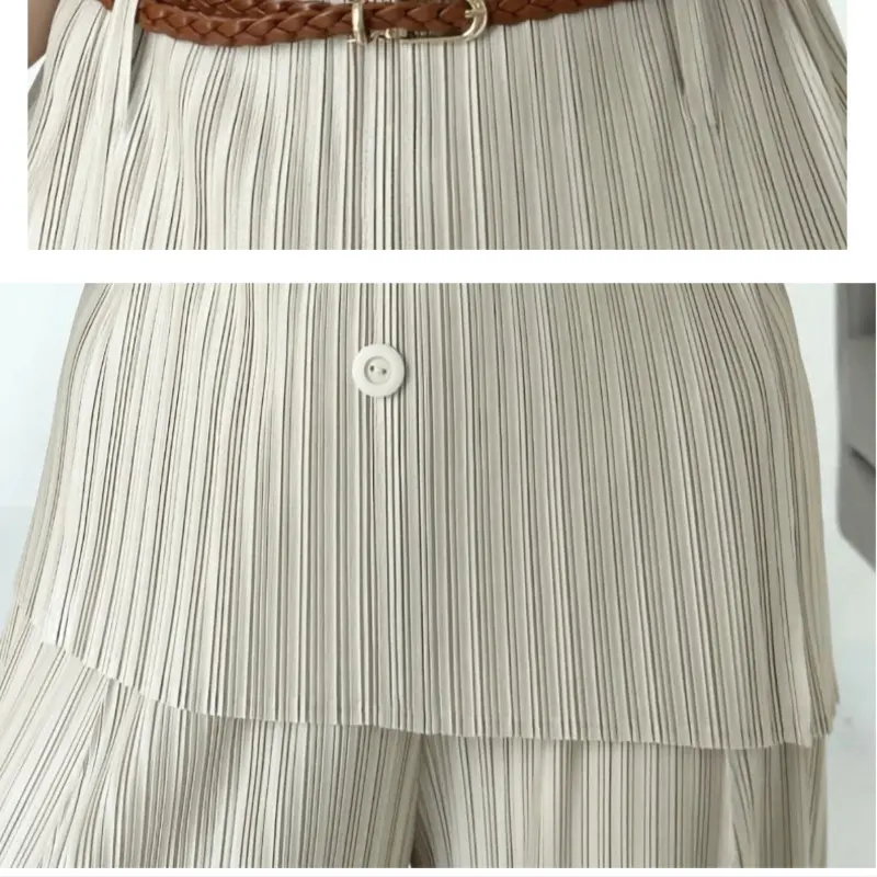 LANMREM Summer Chic Pleated High-End Women's Two Pieces Set Loose Short Sleeve Single Breasted Top And Wide Leg Pants 2DB3814