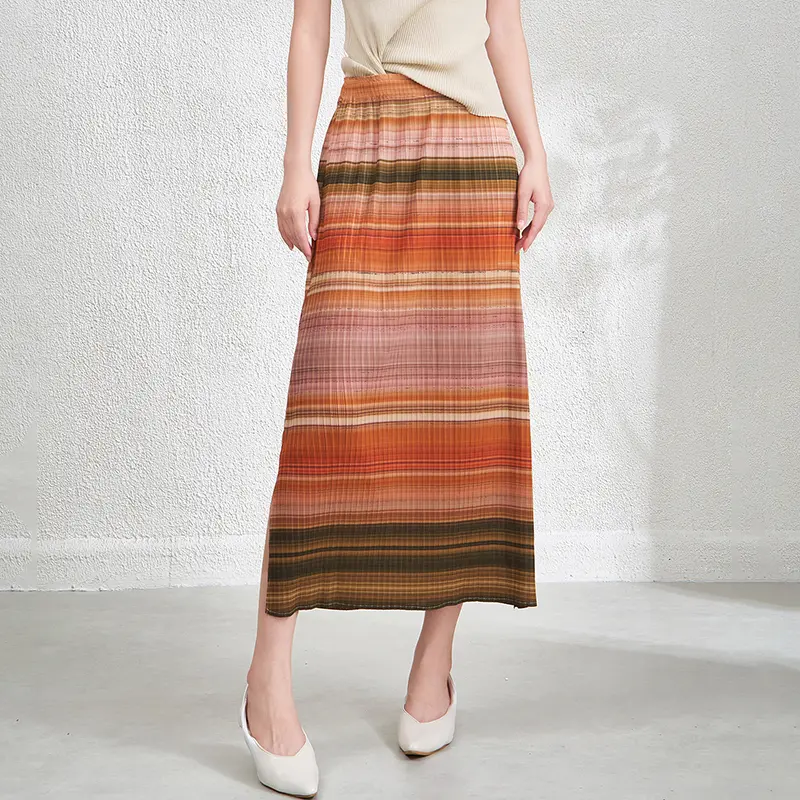 LANMREM Niche Chic Pleated Straight Women's Skirt 2025 New Color-block Printting Elastic High Waist Vent Design Skirts 2DB3864
