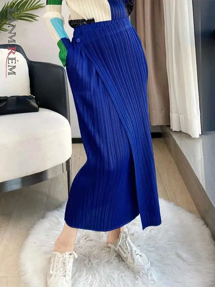 LANMREM Blue Irregular Pleated Skirt Medium Long Straight Elastic High Waist Slim Skirt 2025 Summer New Bottoms 2M485
