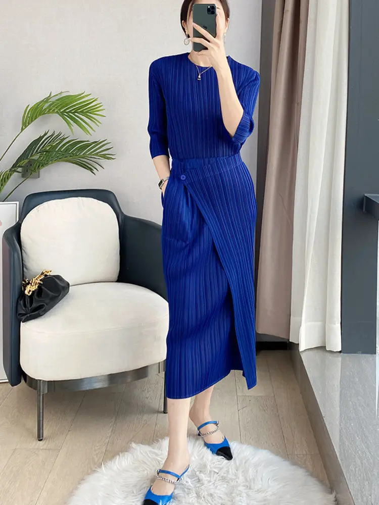 LANMREM Blue Irregular Pleated Skirt Medium Long Straight Elastic High Waist Slim Skirt 2025 Summer New Bottoms 2M485