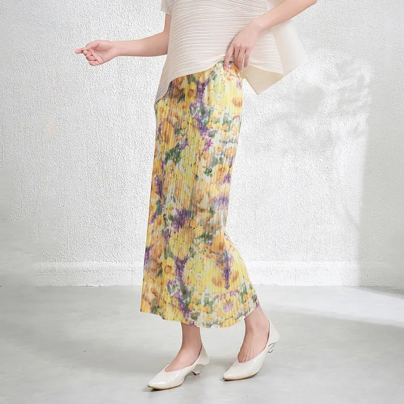 LANMREM Niche Chic Pleated Straight Women's Skirt 2025 New Color-block Printting Elastic High Waist Vent Design Skirts 2DB3864