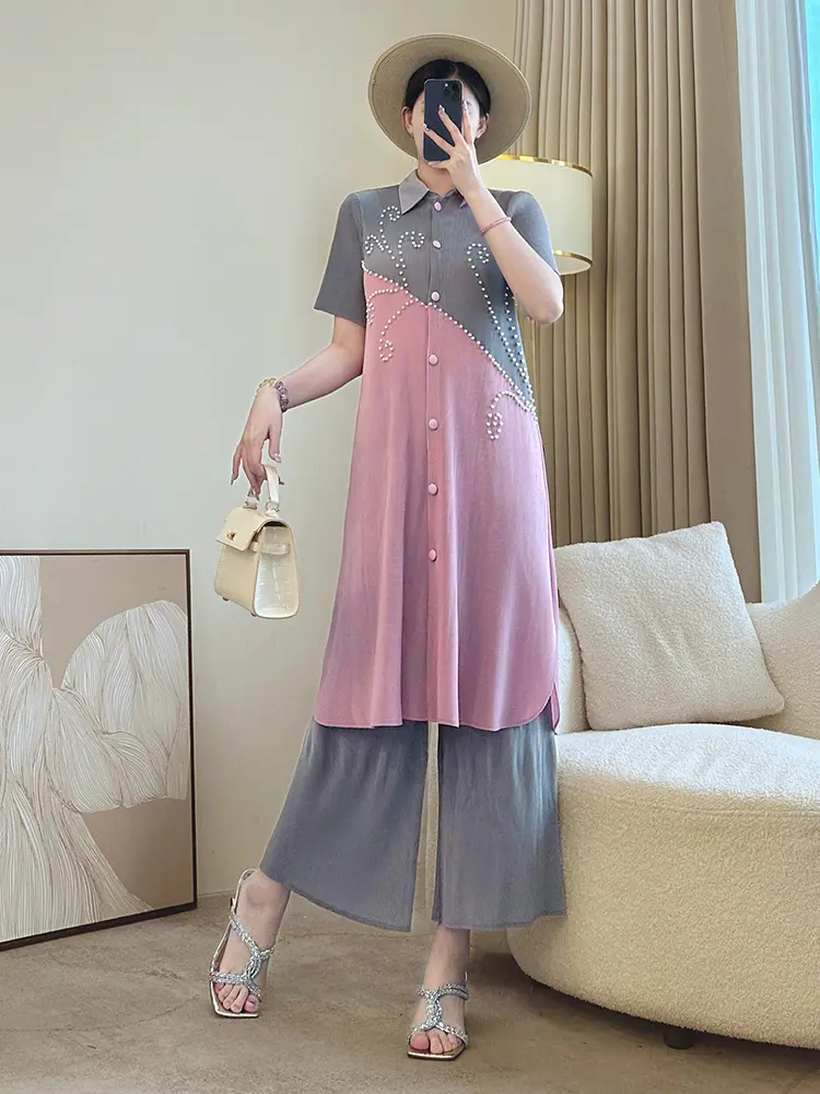 LANMREM Beading Colorblock Spliced Design Women's Two Pieces Set Summer Lapel Single Breasted Long Top + Wide Leg Pants 2DB3581