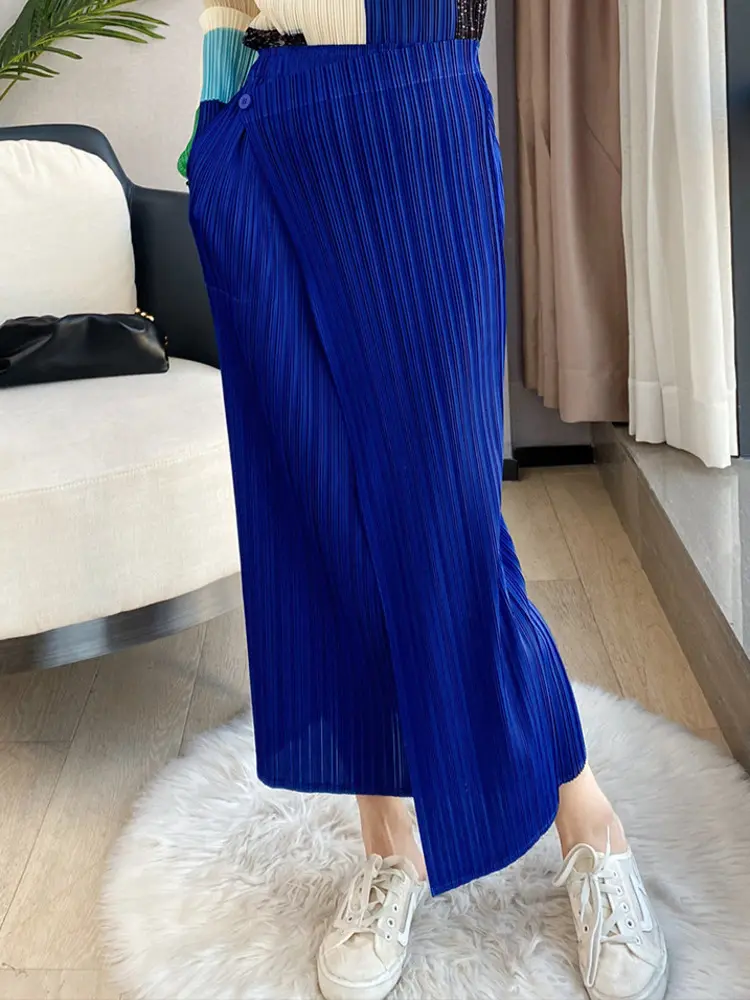 LANMREM Blue Irregular Pleated Skirt Medium Long Straight Elastic High Waist Slim Skirt 2025 Summer New Bottoms 2M485