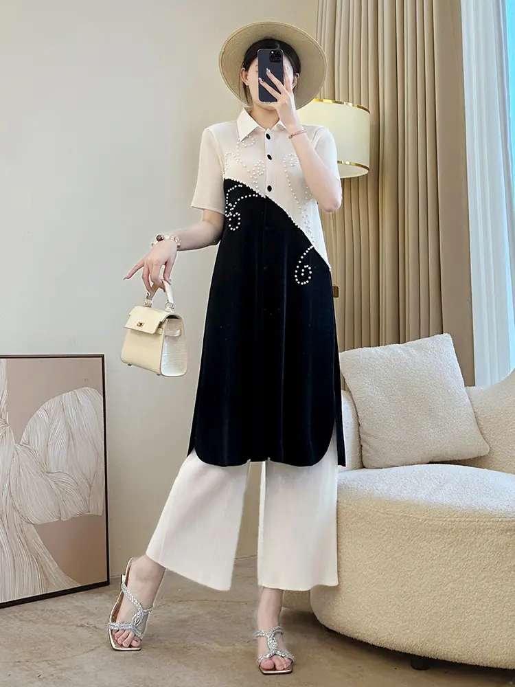 LANMREM Beading Colorblock Spliced Design Women's Two Pieces Set Summer Lapel Single Breasted Long Top + Wide Leg Pants 2DB3581