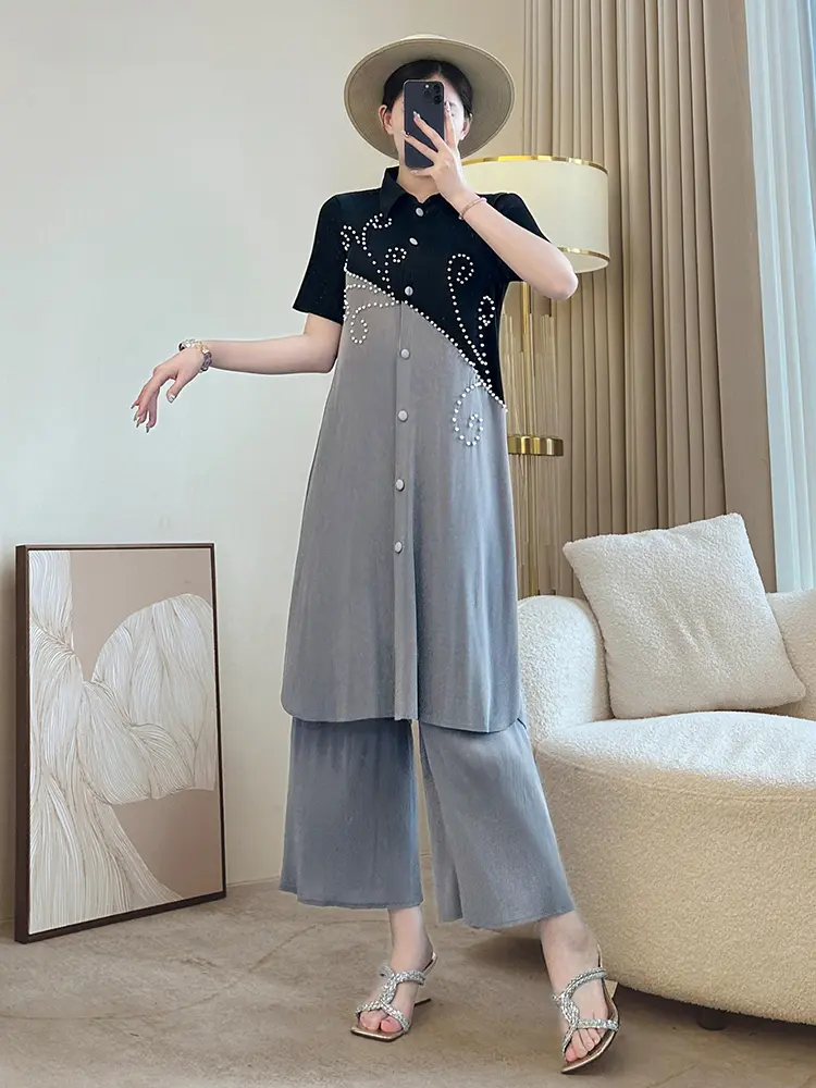 LANMREM Beading Colorblock Spliced Design Women's Two Pieces Set Summer Lapel Single Breasted Long Top + Wide Leg Pants 2DB3581