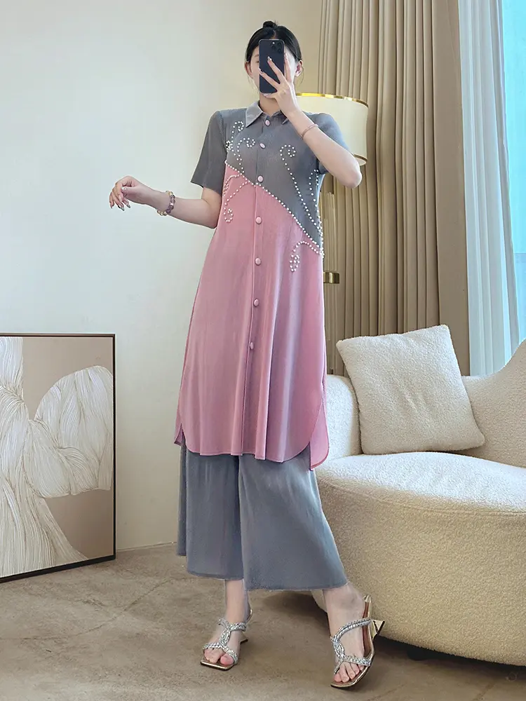 LANMREM Beading Colorblock Spliced Design Women's Two Pieces Set Summer Lapel Single Breasted Long Top + Wide Leg Pants 2DB3581
