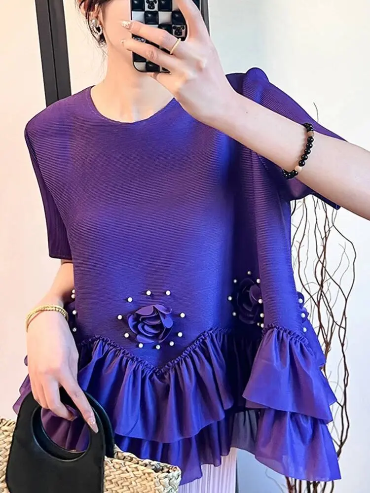LANMREM NewThree Dimensional Flower Splicing Nail Bead Design Pleated Women's T-shirt Niche Chic Loose Short Sleeve Top 2DB3370