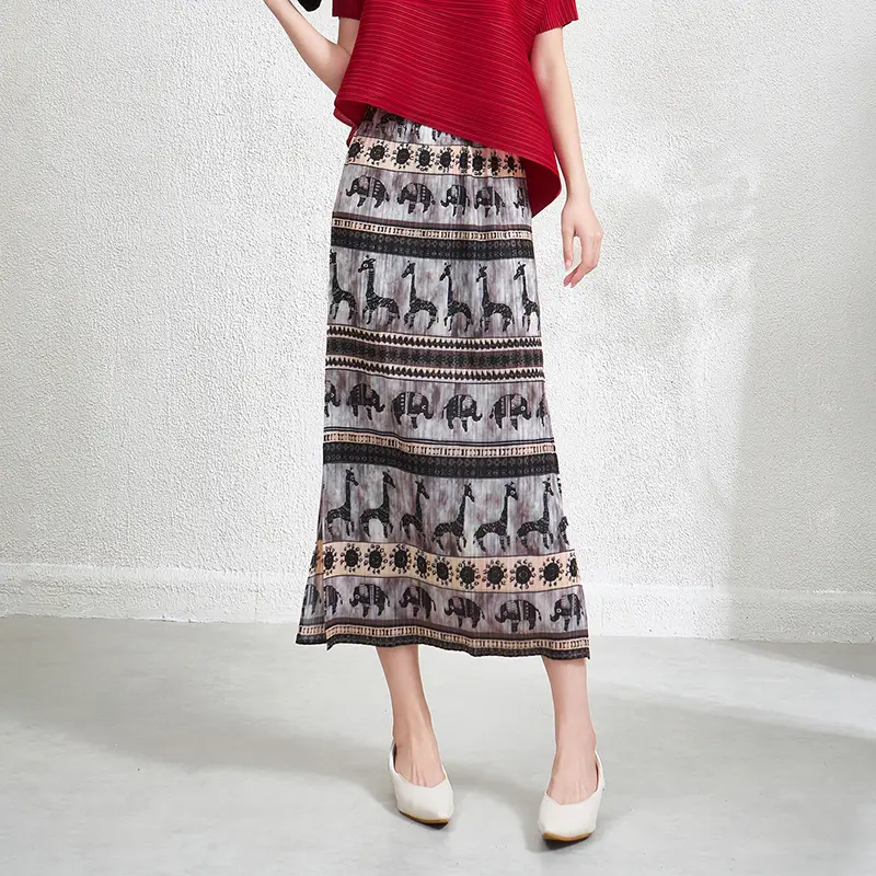 LANMREM Niche Chic Pleated Straight Women's Skirt 2025 New Color-block Printting Elastic High Waist Vent Design Skirts 2DB3864