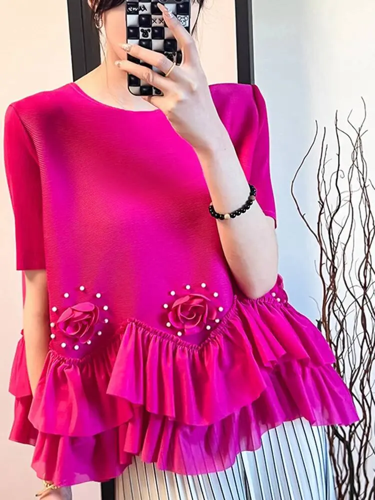 LANMREM NewThree Dimensional Flower Splicing Nail Bead Design Pleated Women's T-shirt Niche Chic Loose Short Sleeve Top 2DB3370