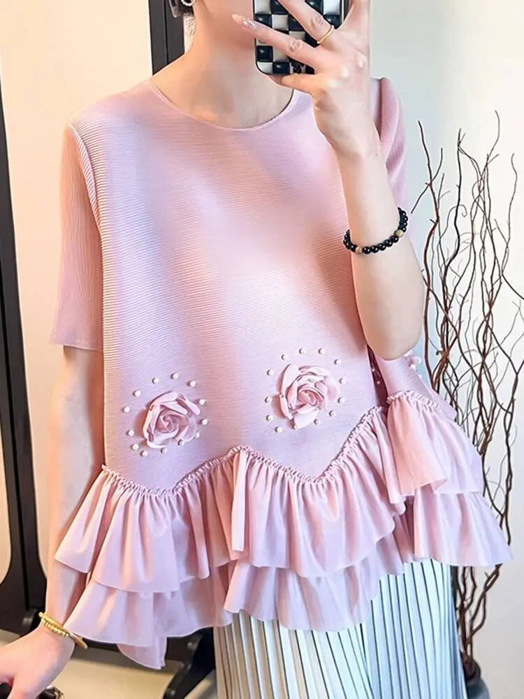 LANMREM NewThree Dimensional Flower Splicing Nail Bead Design Pleated Women's T-shirt Niche Chic Loose Short Sleeve Top 2DB3370