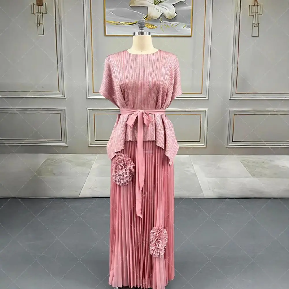 LANMREM Green Gold Foil Printing Women's Pleated Two Pieces Set Batwing Sleeve Bandage Irregular Top + Tie Flowers Design Skirt