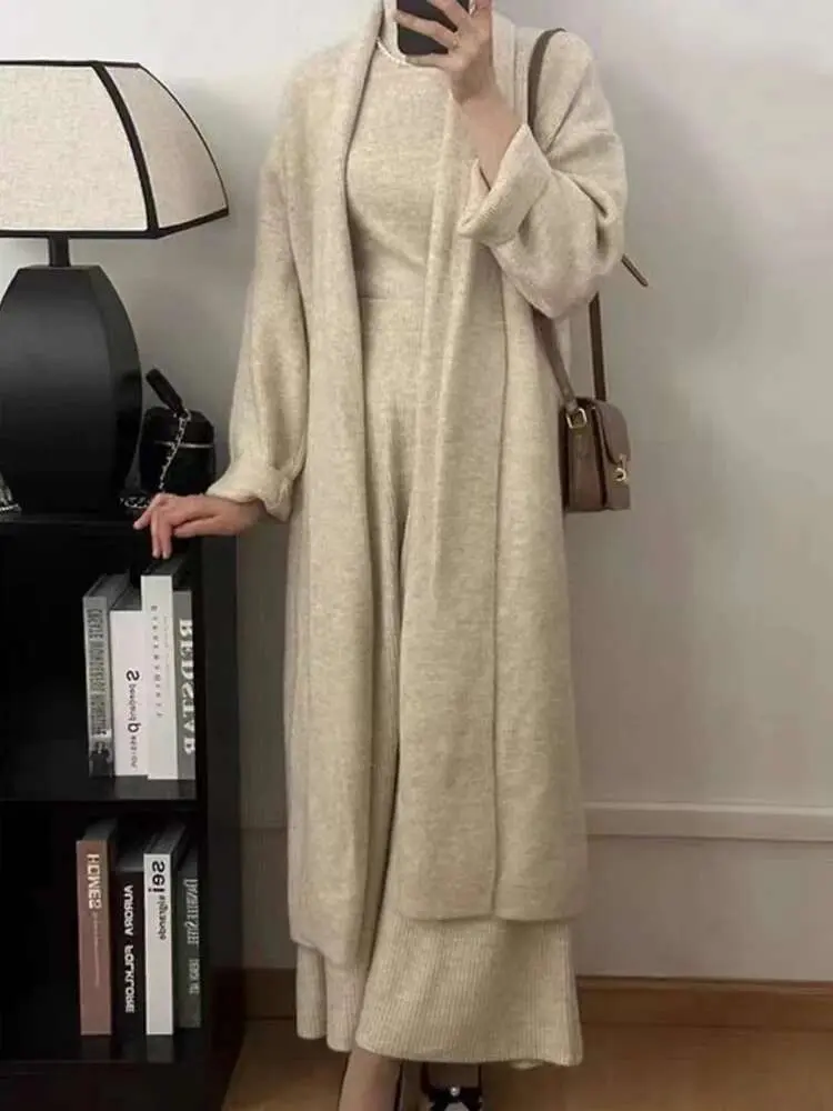 LANMREM Elegant Knitted 3 Piece Set Women Long Cardigan Coat Sleeveless Vest High Waist A-line Long Skirts 2024 New 2VV164