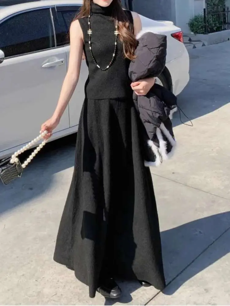 LANMREM Elegant Knitted 3 Piece Set Women Long Cardigan Coat Sleeveless Vest High Waist A-line Long Skirts 2024 New 2VV164