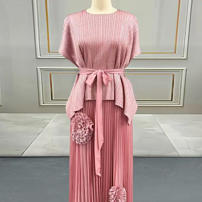 LANMREM Green Gold Foil Printing Women's Pleated Two Pieces Set Batwing Sleeve Bandage Irregular Top + Tie Flowers Design Skirt