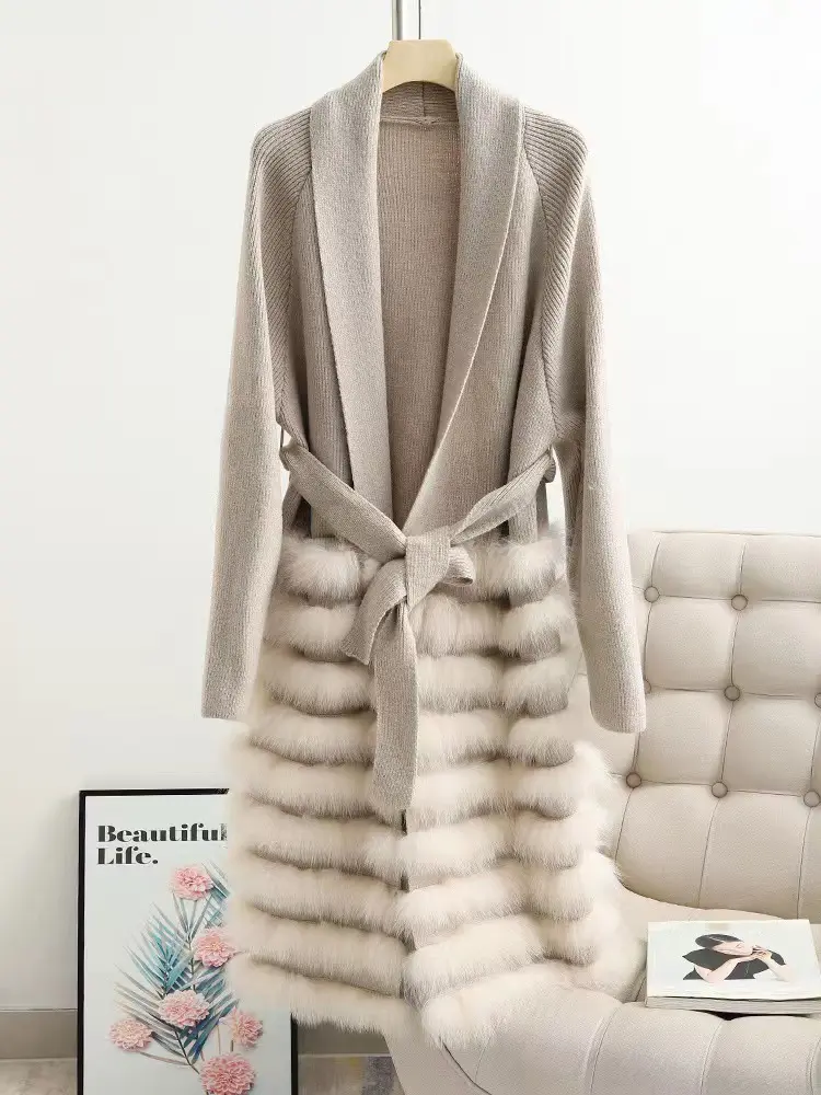 LANMREM Real Fox Fur Casual Loose Knit Sweater With Bandage Women's Cardigan Clothing 2024 Winter Luxury Warm Clothing 2DB1810