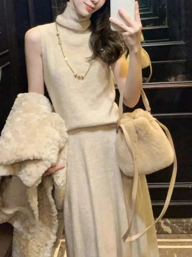 LANMREM Elegant Knitted 3 Piece Set Women Long Cardigan Coat Sleeveless Vest High Waist A-line Long Skirts 2024 New 2VV164