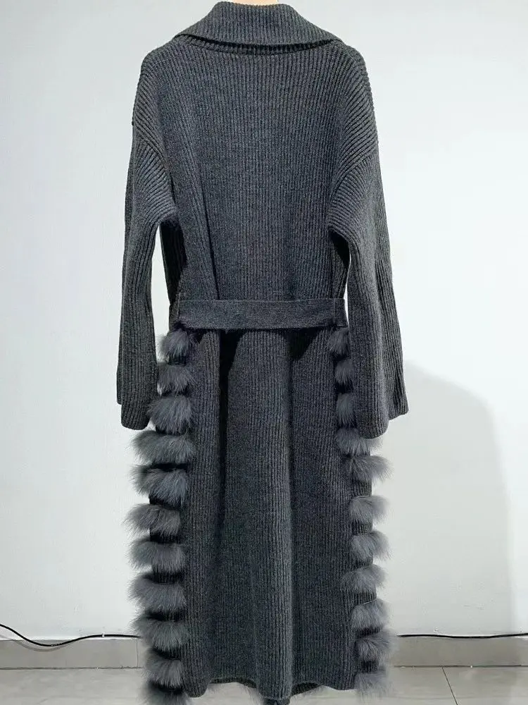 LANMREM Real Fox Fur Casual Loose Knit Sweater With Bandage Women's Cardigan Clothing 2024 Winter Luxury Warm Clothing 2DB1810