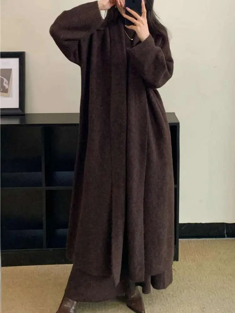 LANMREM Elegant Knitted 3 Piece Set Women Long Cardigan Coat Sleeveless Vest High Waist A-line Long Skirts 2024 New 2VV164