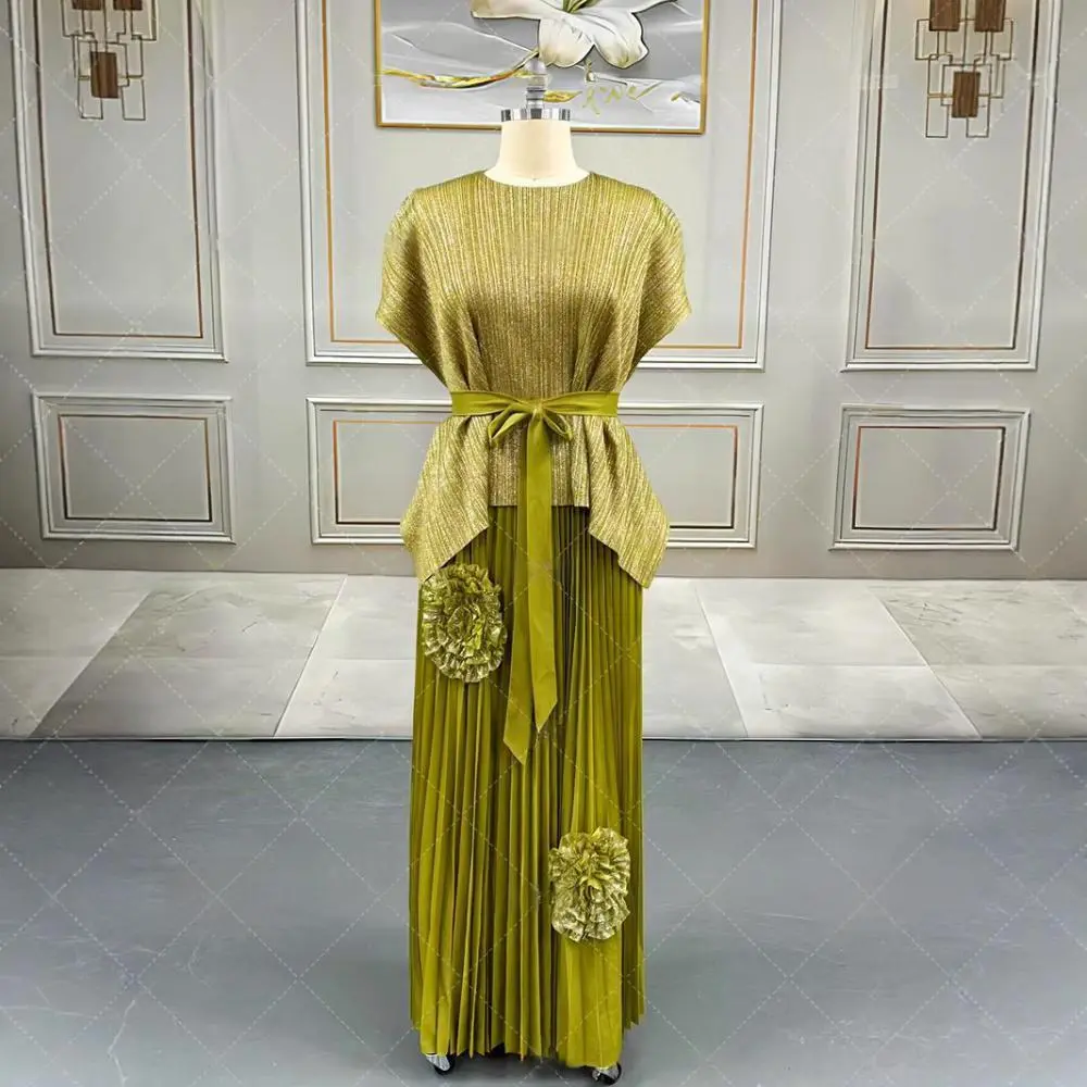 LANMREM Green Gold Foil Printing Women's Pleated Two Pieces Set Batwing Sleeve Bandage Irregular Top + Tie Flowers Design Skirt