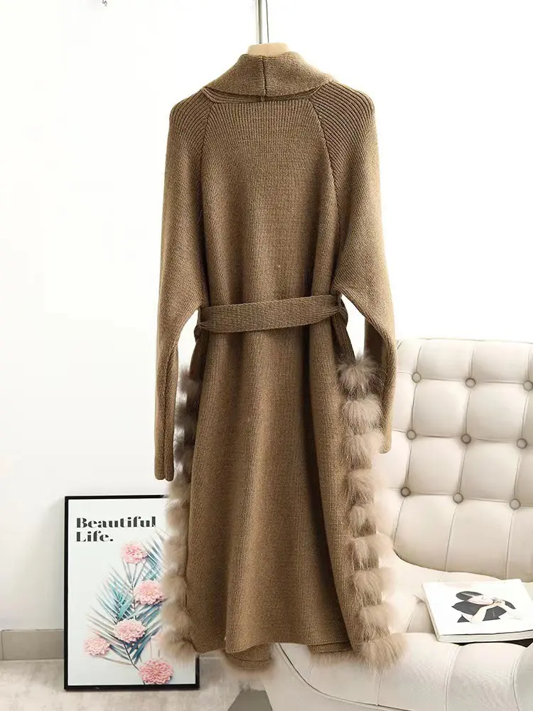 LANMREM Real Fox Fur Casual Loose Knit Sweater With Bandage Women's Cardigan Clothing 2024 Winter Luxury Warm Clothing 2DB1810