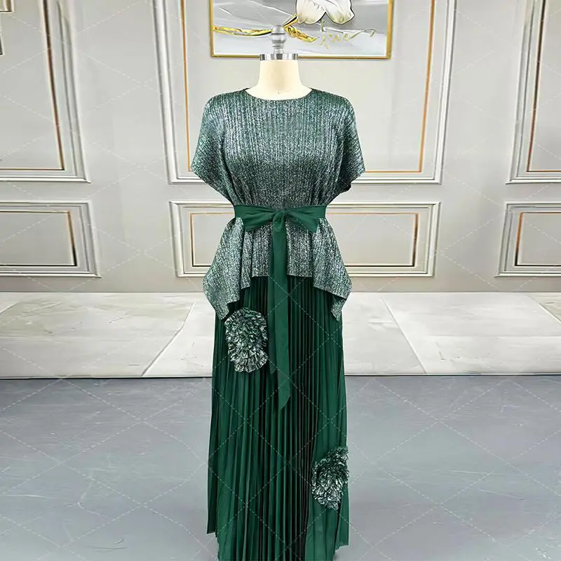 LANMREM Green Gold Foil Printing Women's Pleated Two Pieces Set Batwing Sleeve Bandage Irregular Top + Tie Flowers Design Skirt