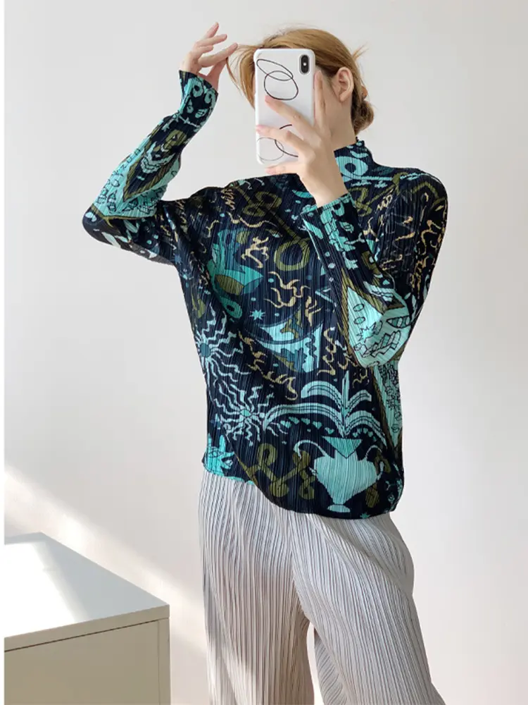 LANMREM Pleated New Printed Casual Women's Pullover Top High-end Temperament Slim Fit High Elastic T-shirts 2025 New 2DB3201