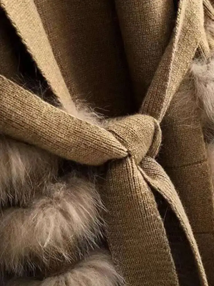 LANMREM Real Fox Fur Casual Loose Knit Sweater With Bandage Women's Cardigan Clothing 2024 Winter Luxury Warm Clothing 2DB1810
