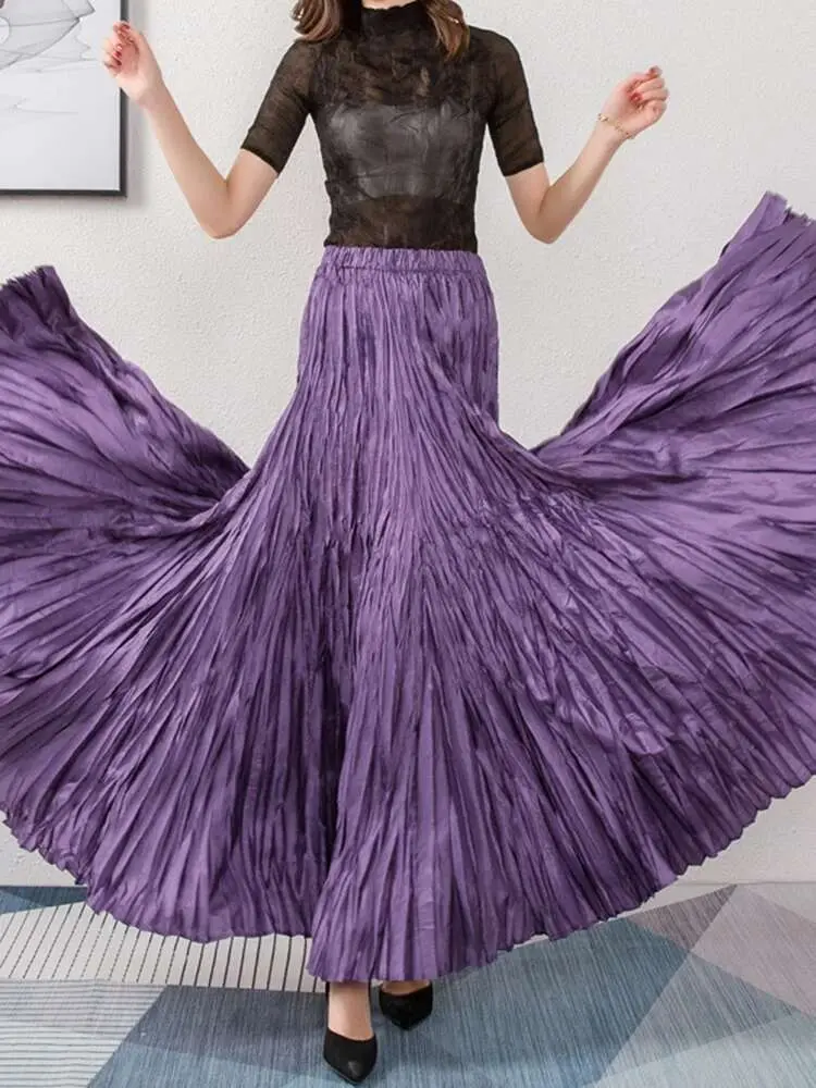 LANMREM Fashion Irregular Pleated Skirt For Women Elastic High Waist Solid Color A-line Long Skirts 2024 Spring New 2AA5129