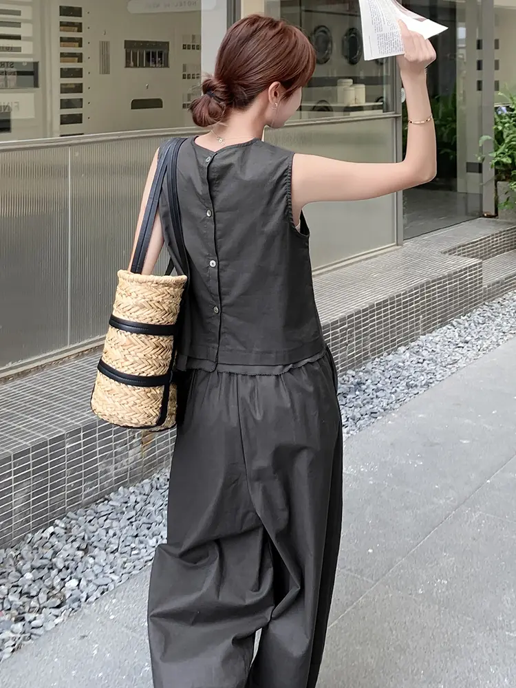 LANMREM Casual Style Fashion Patchwork Backside Buttons Shirts With Wide Leg Trousers Female Two-Piece Set 2025 Summer 2DM1064